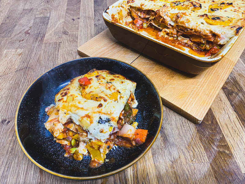 Cooked lasagne served in a bowl