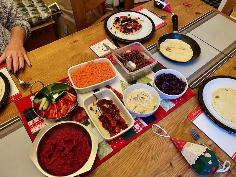 Dining table with small plates of food