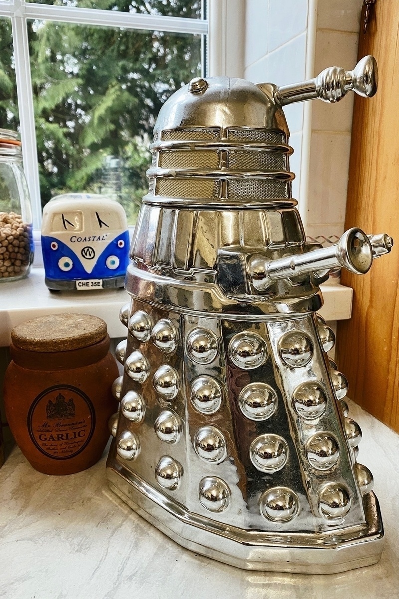 Shiny silver dalek biscuit jar