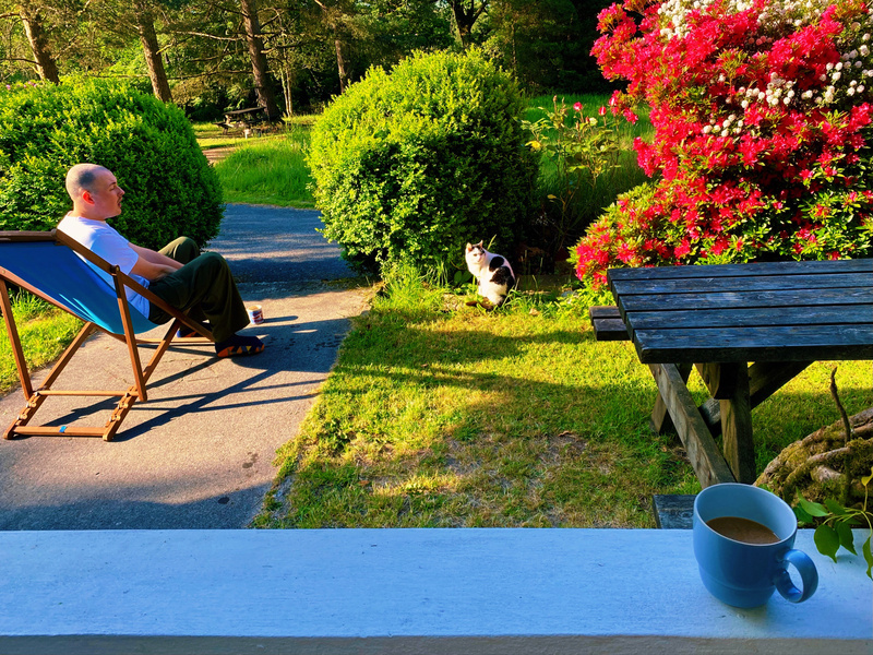 Man on deckchair and black and white cat sitting in sunlight in a garden. Cup of coffee on wall in foreground.