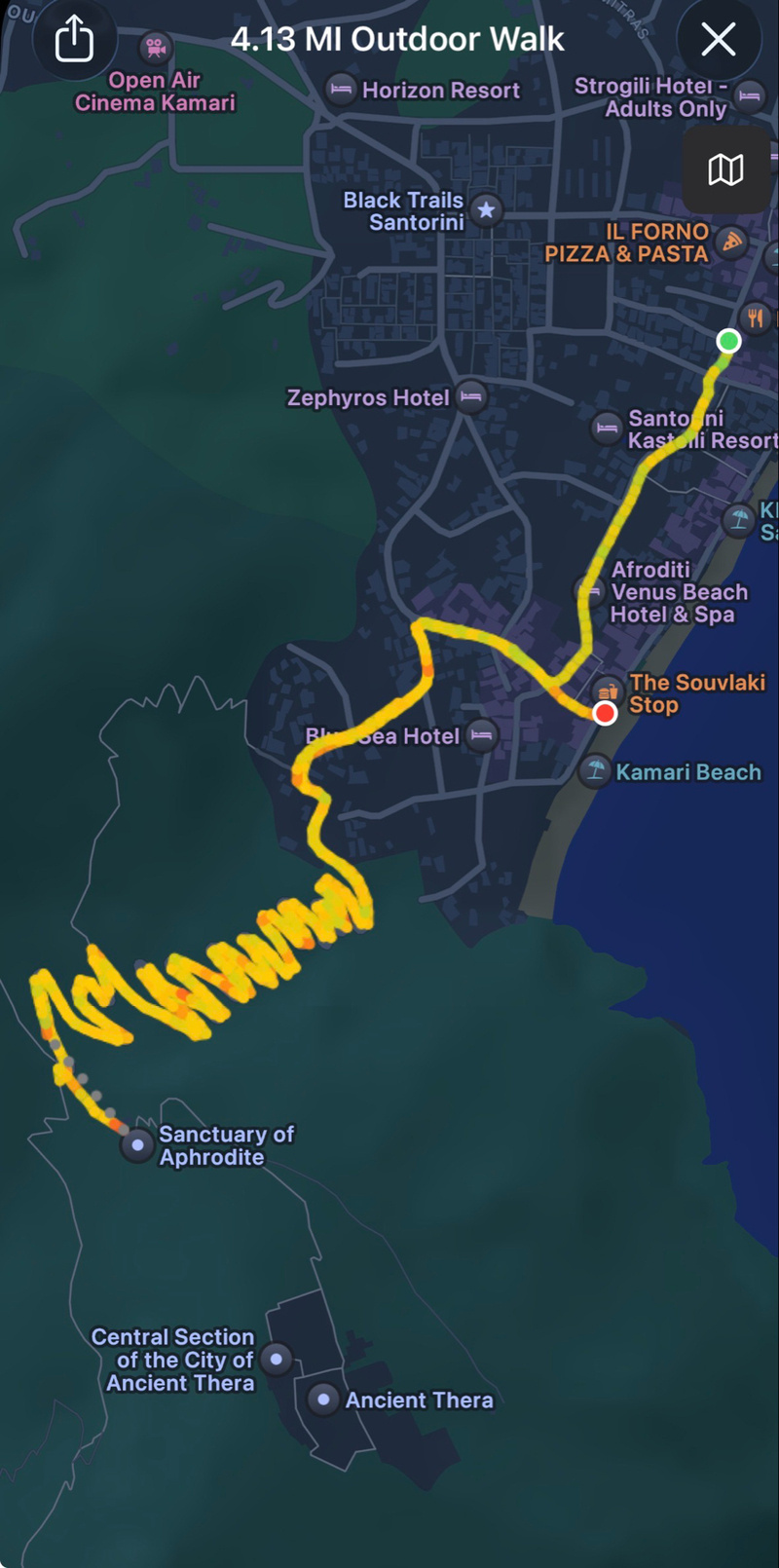 Auto-generated description: A map displays a 4.13-mile outdoor walking route through a coastal area, showing winding paths, nearby hotels, restaurants, and ancient sites.