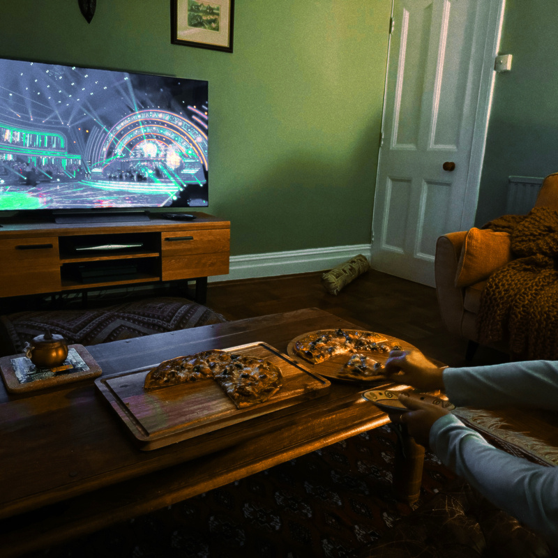 Auto-generated description: A cozy living room setting displays a TV showing a performance, with a pizza on the coffee table and a person slicing more pizza.