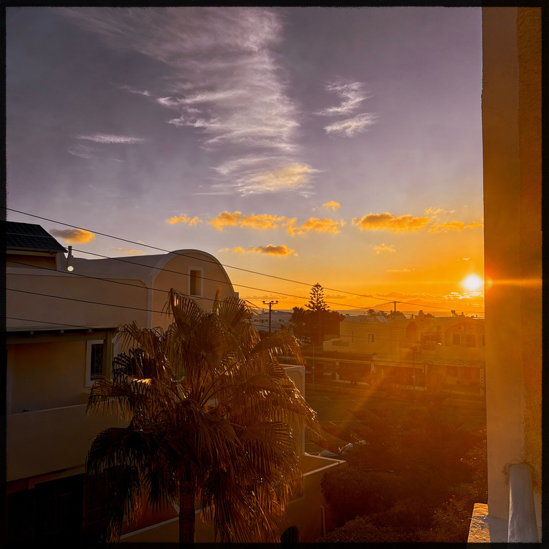 Auto-generated description: A sunset illuminates a suburban neighborhood with palm trees and rooftops silhouetted against a colorful sky.