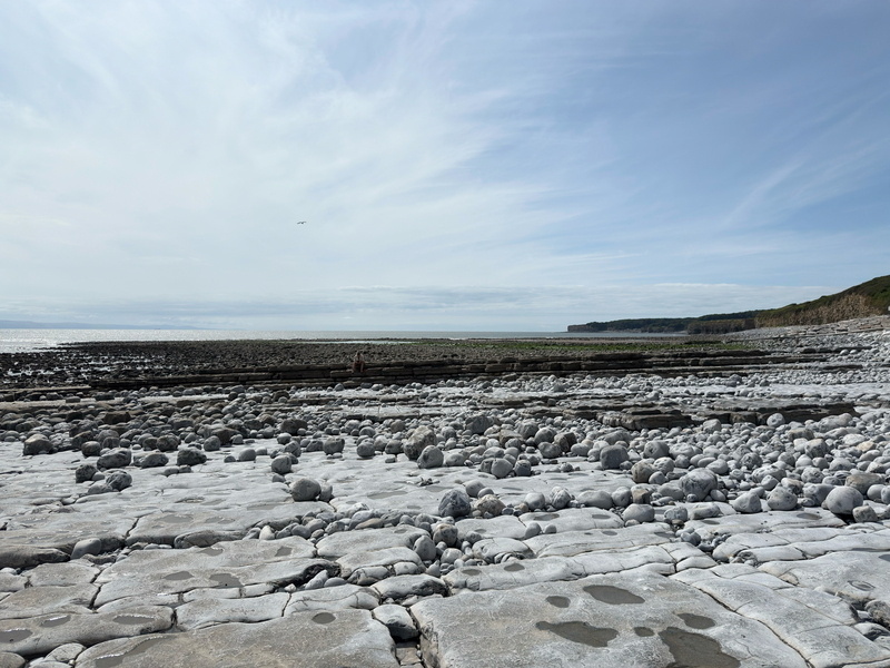 Auto-generated description: A rocky shoreline stretches into the distance under a partly cloudy sky.