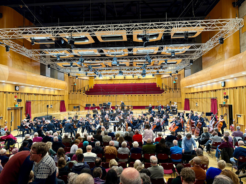 Auto-generated description: A symphony orchestra performs on stage in a concert hall filled with an audience.