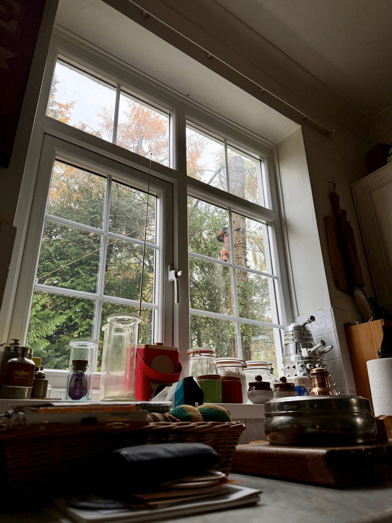 A kitchen window with various items on the sill overlooks trees and a person outside.