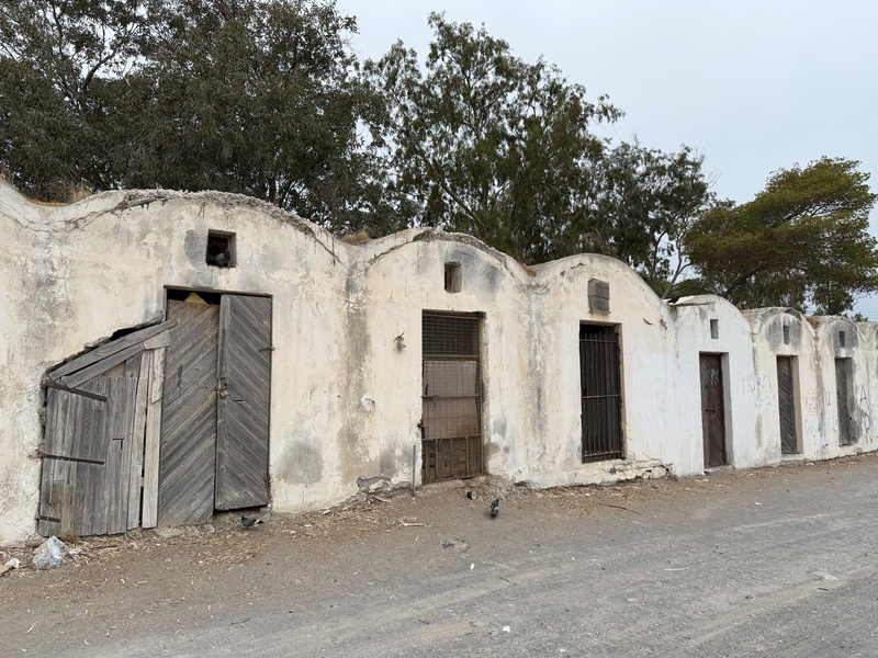 Auto-generated description: A row of weathered, arched-roof buildings with wooden and metal doors stands along a dirt road, surrounded by trees.