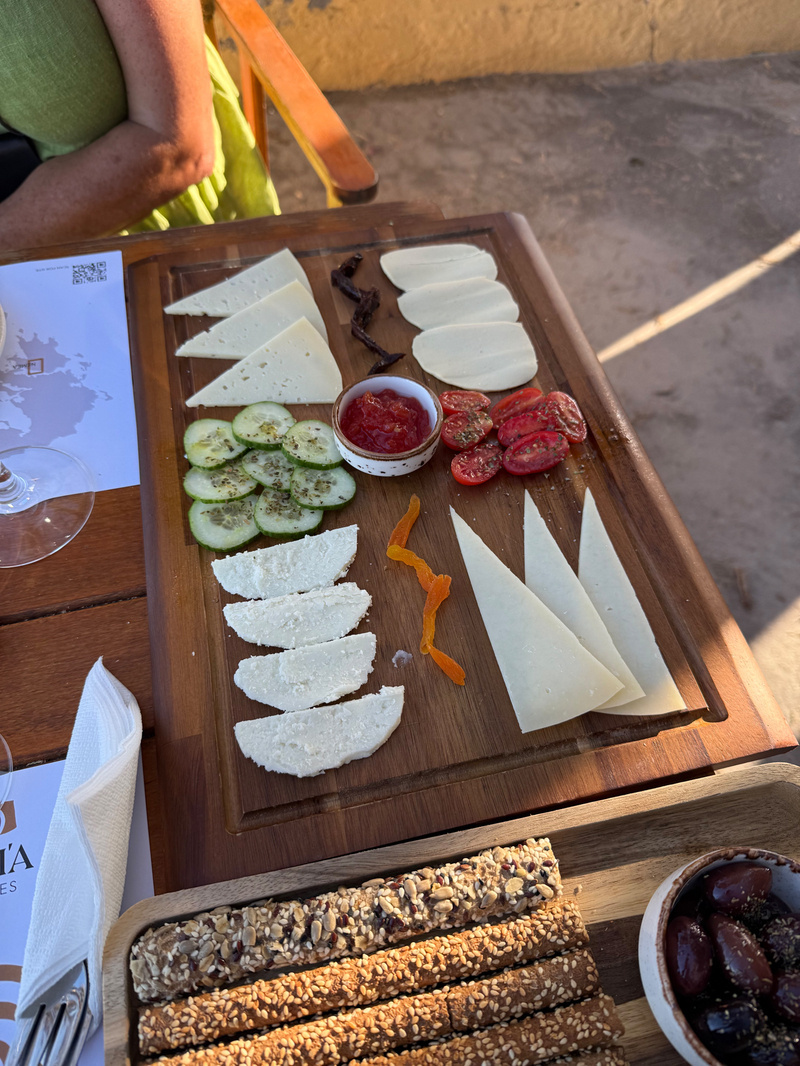 Auto-generated description: A wooden board displays an assortment of sliced cheeses, tomatoes, cucumbers, and chutney alongside a small bowl of olives and a selection of breadsticks.