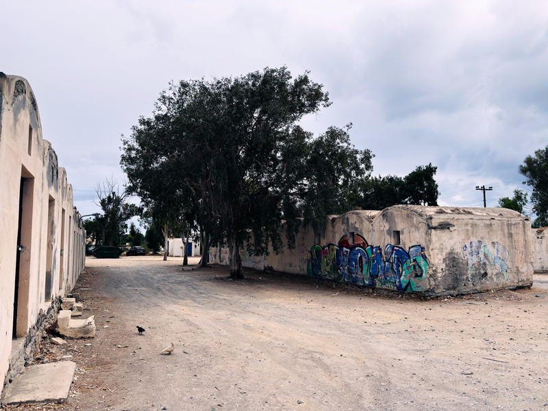 Auto-generated description: An abandoned, graffiti-covered building stands on a deserted dirt lot under an overcast sky.