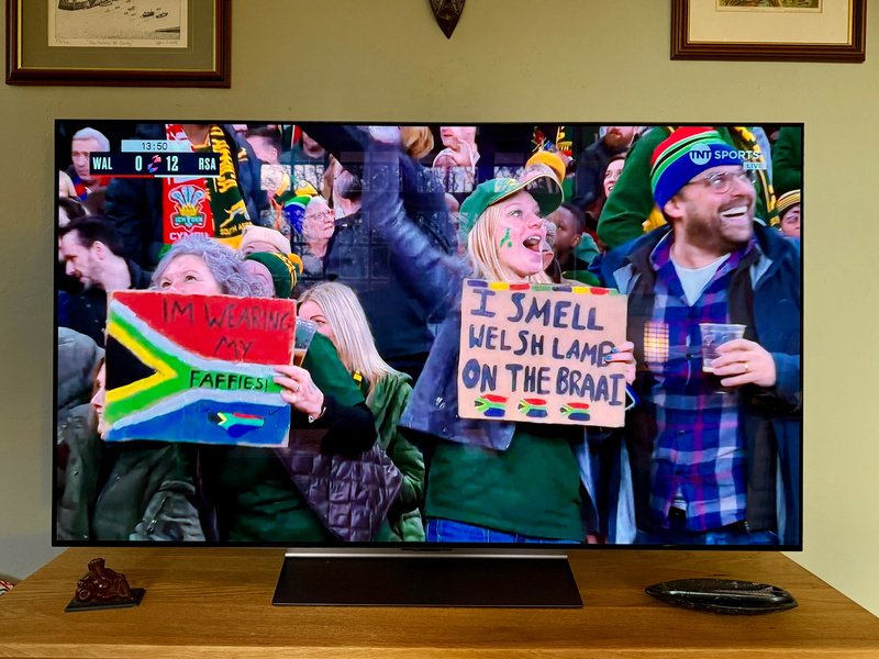 South African rugby fans at Cardiff Stadium enthusiastically hold up colourful signs, with one reading I SMELL WELSH LAMB ON THE BRAAI