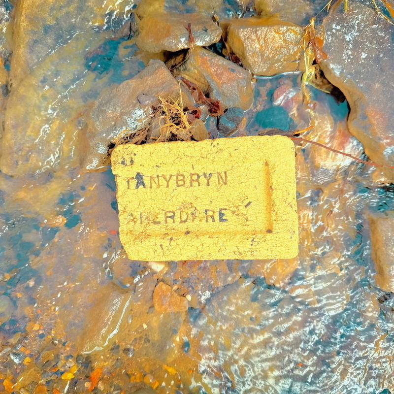 A brick labeled TANYBRYN ABERDRE is partially submerged in a rocky, water-filled environment.