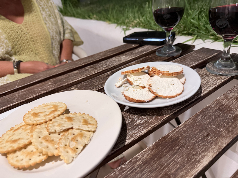 A rustic wooden table is set outdoors with two plates, one holding plain round crackers and the other topped with a spread, accompanied by two glasses of red wine and a person sitting nearby.