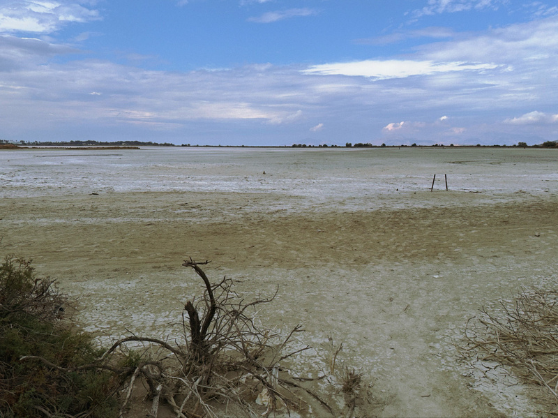 A vast, dry landscape with cracked earth, sparse vegetation, and a partly cloudy sky in the background.