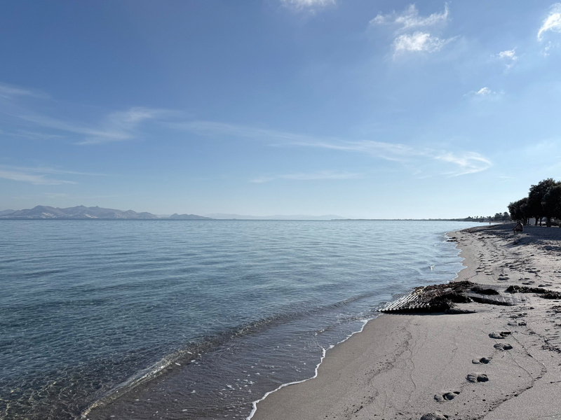 A calm sea gently meets a sandy beach under a clear blue sky with distant mountains on the horizon.