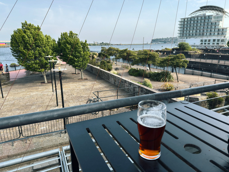 A pint of beer sits on a table overlooking a waterfront view with trees and a distant building.