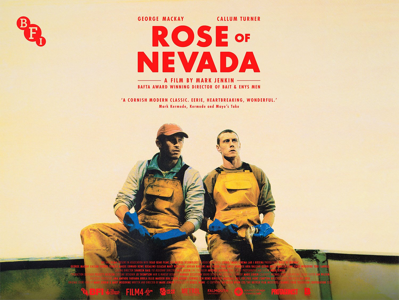 Two men in fishing work attire are featured on a movie poster for Rose of Nevada, with details about the film and its creators.